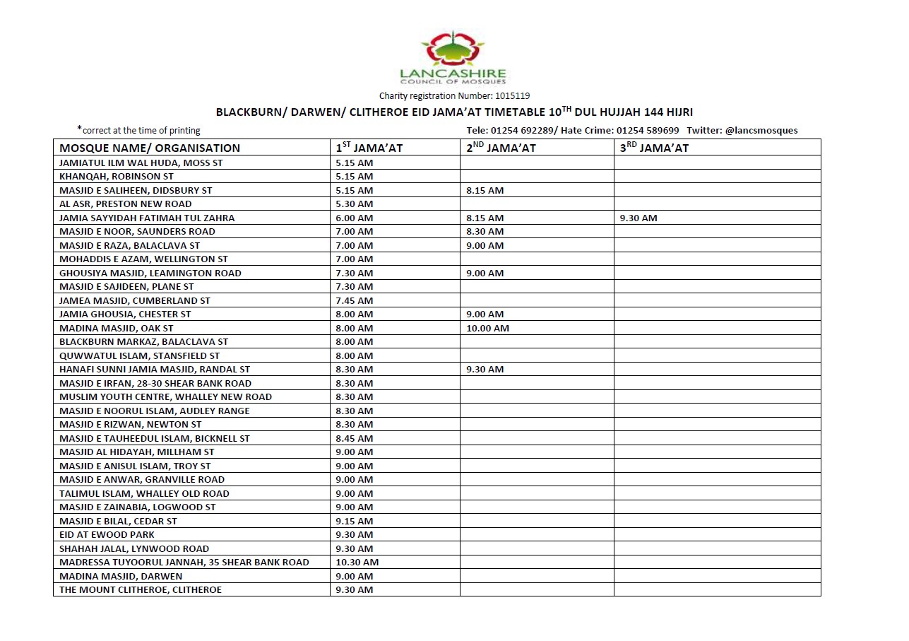 Blackburn Darwen Clitheroe Eid ul Adha prayer times