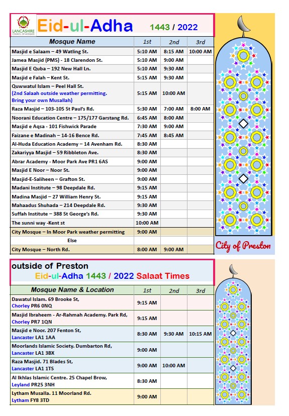 Preston Eid ul Adha Prayer times