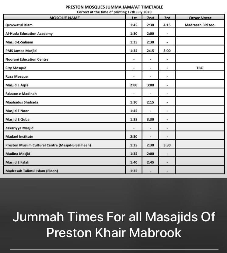 Preston Jummah prayer times